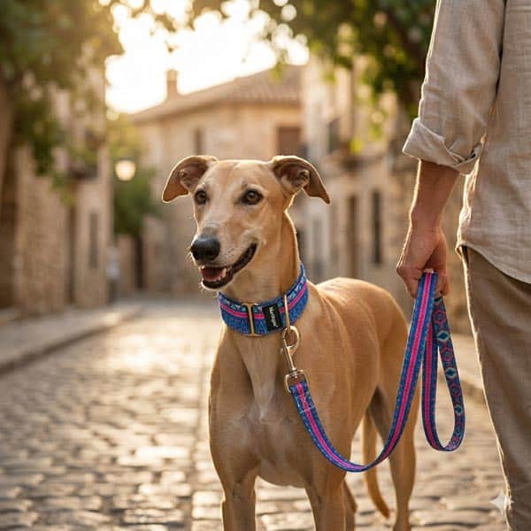 Podenco andaluz con collar martingale leopardo en calle de otoño