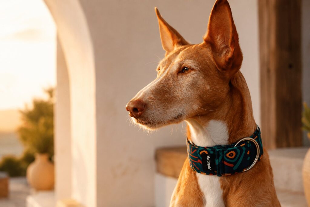Podenco con collar martingale antiescape hecho a mano